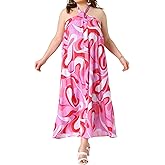 Agnes Orinda Womens Plus Size Long Maxi Dress Colorful Print Halter Sleeveless Boho Summer Beach Dresses Lightweight