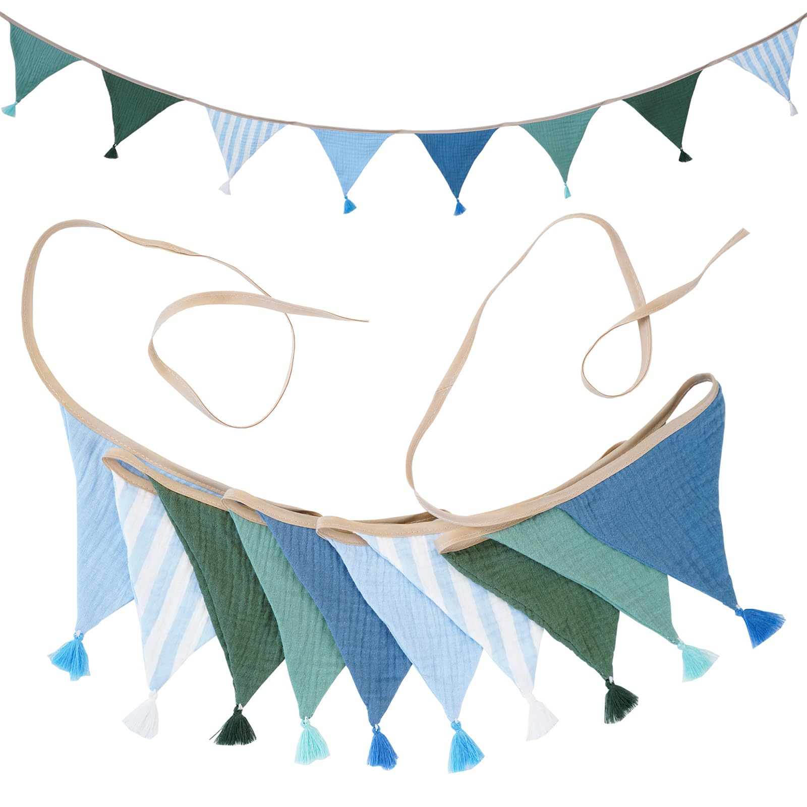 G2PLUS Muslin Fabric Bunting with Tassel: 10PCS Double Sided Cotton Garland, 2.6m Nursery Fabric Triangle Banner for Nursery, Bedroom, Baby Shower, Brithday Party Decoration, Blue Mint — image 1