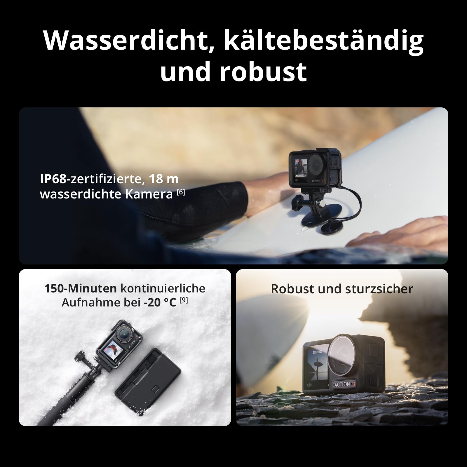 DJI Osmo Action 4 Standard-Combo, 4K/120fps Action Cam mit 1/1,3-Zoll-Sensor, Unterwasserkamera, Atemberaubende Low-Light-Aufnahmen, 10-Bit und D-Log M-Farbleistung, Langlebiger 1.770 mAh Akku 3