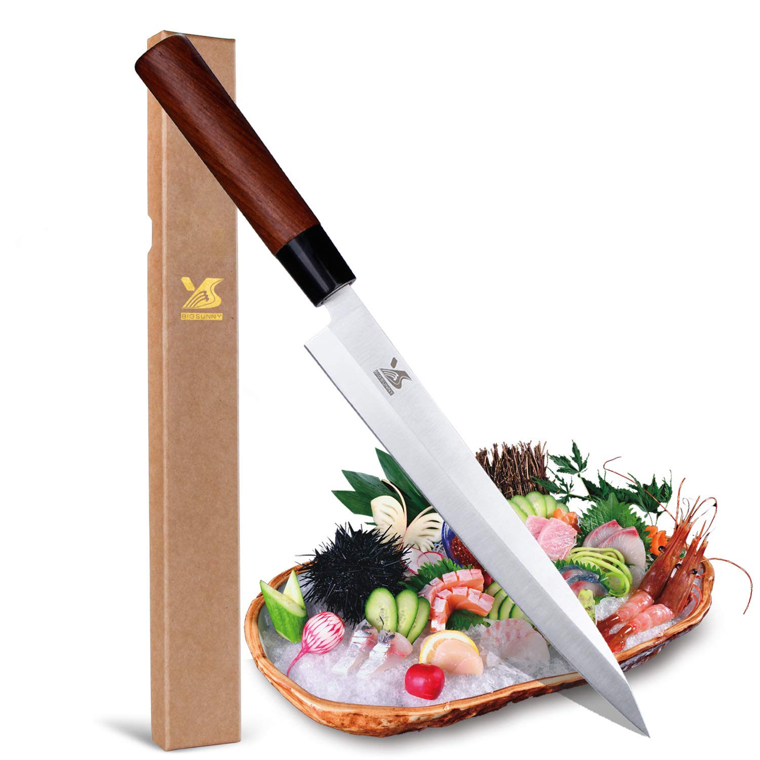 MSY BIGSUNNY 10" Yanagiba Sushi Knife - Stainless Steel With Rose Wood Handle - Professional Slicing Chef Knife for Sashimi
