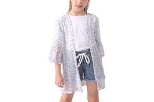 GORLYA Girl's Floral Print Chiffon Beach Cardigan Cover ups Kids Casual Kimono Capes Swimsuit Wraps