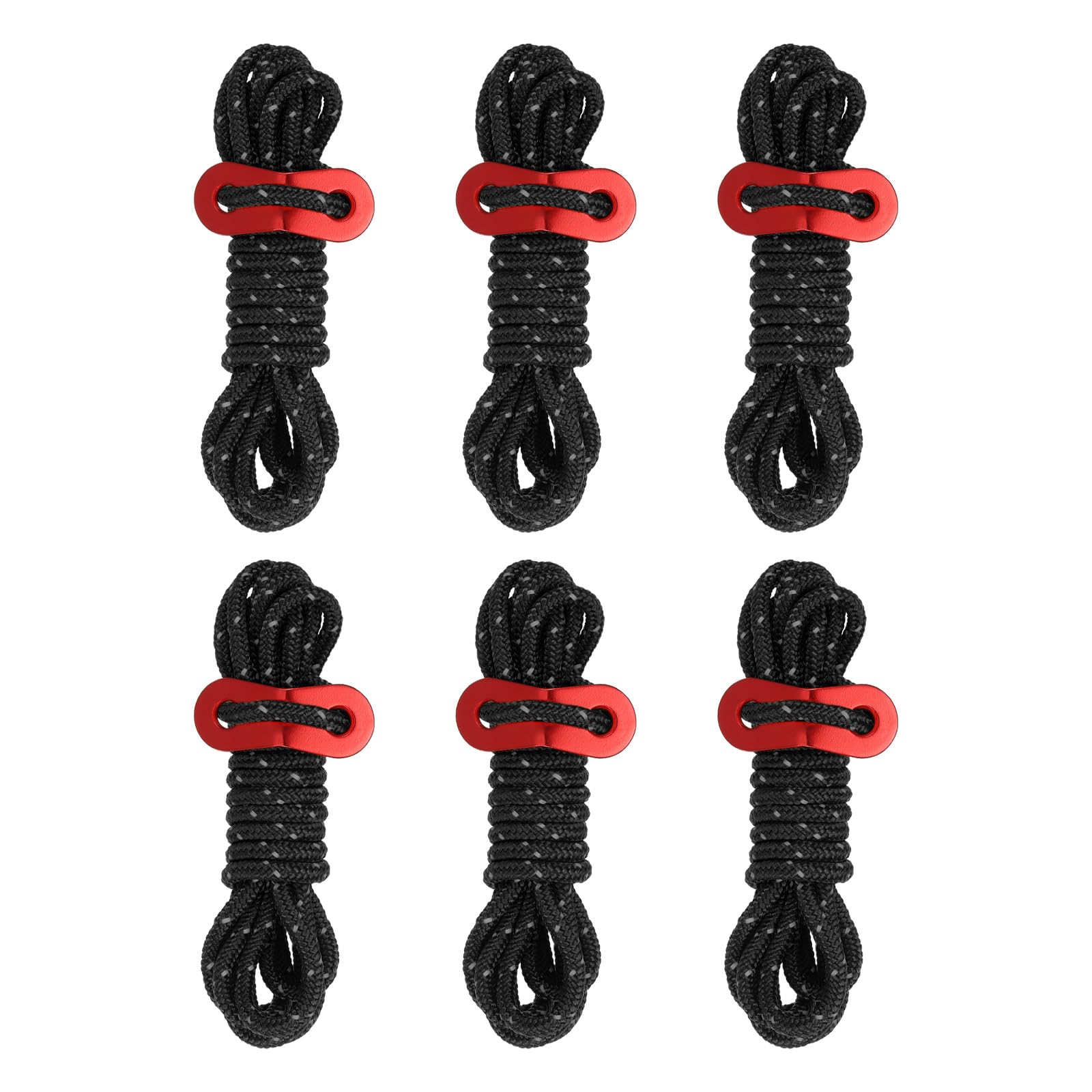 PATIKIL 4mm Tent Rope, 6 Pack 6.5ft Reflective Guyline Cord Tied Downs Rope Paracord Cord Camping Ropes with Red Aluminum Cord Adjusters for Camping Hiking Tent, Black