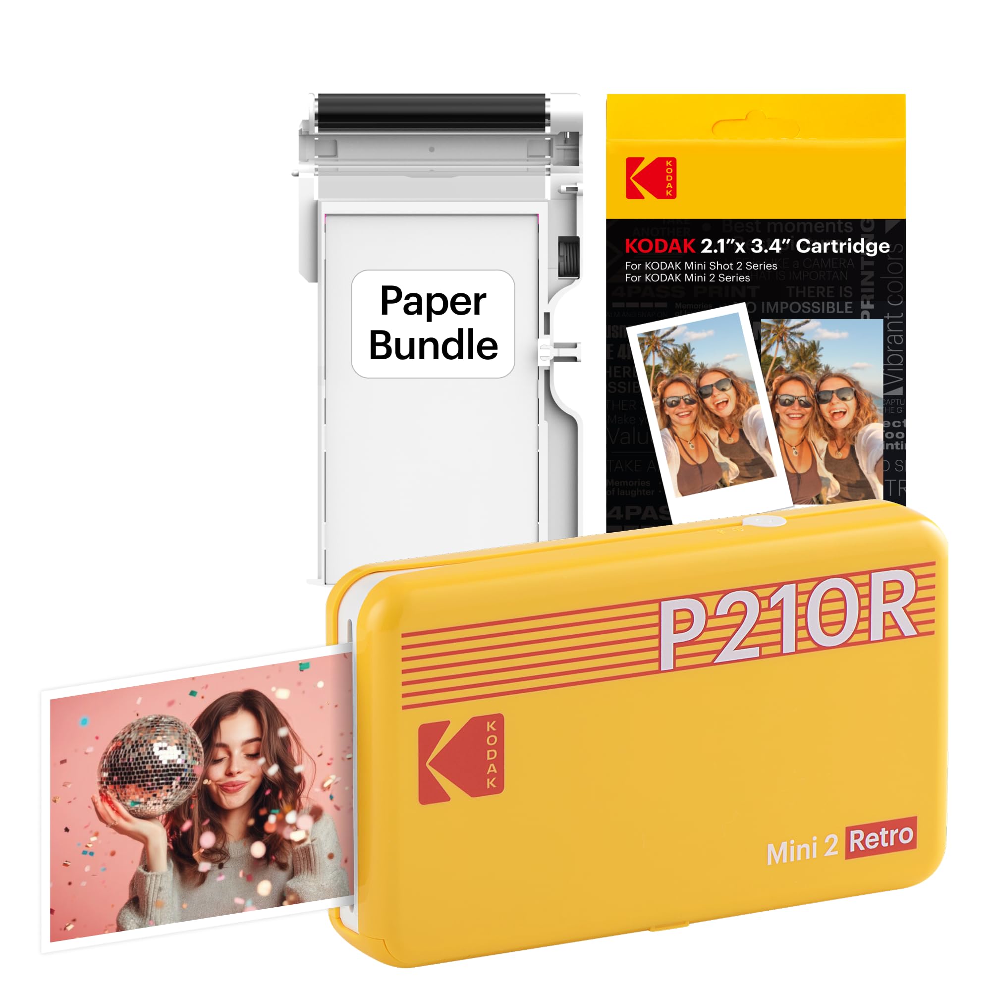 KODAK Mini 2 Retro 2x3 Impresora fotográfica portátil, 38 hojas, Impresora Bluetooth para teléfono inteligente para iPhone y Android, Impresiones instantáneas en color, Sublimación de tinta 4PASS, Amarillo