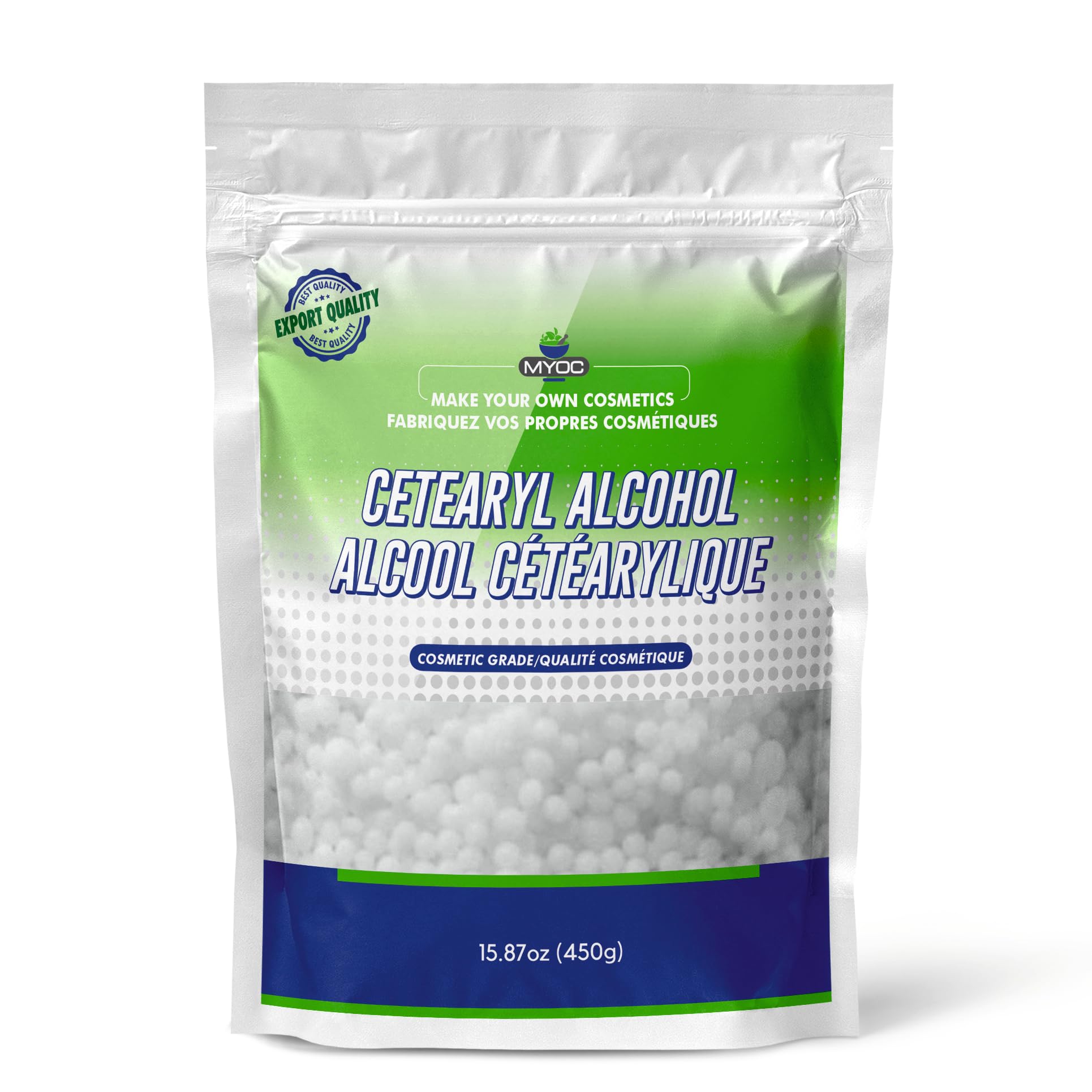 MYOC Cetearyl alcohol, (450g) - cosmetic grade, no adulterants, non-GMO, paraben free, cGMP quality, pure and used for dry, rough, scaly, itchy skin and minor skin irritations