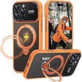for iPhone 16 Pro Max Case: 360 Spin Magnetic Stand, Camera Protection (Compatible with MagSafe) [16FT Military Protection] Shockproof Matte Translucent Phone Cover for iPhone 16 Pro Max 6.9", Orange