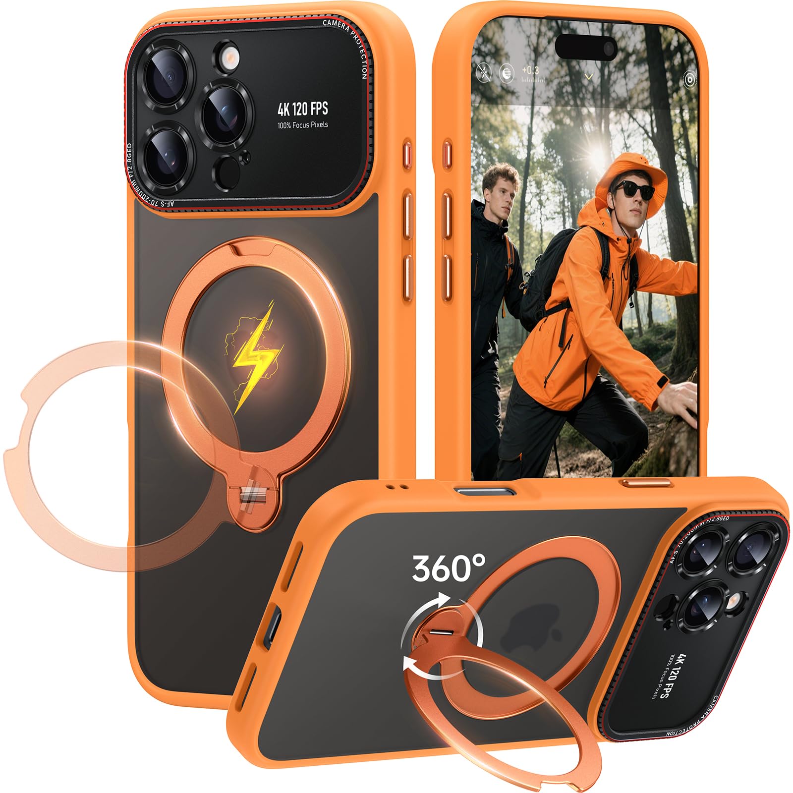 Photo 1 of for iPhone 16 Pro Max Case: 360 Spin Magnetic Stand, Camera Protection (Compatible with MagSafe) [16FT Military Protection] Shockproof Matte Translucent Phone Cover for iPhone 16 Pro Max 6.9", Orange