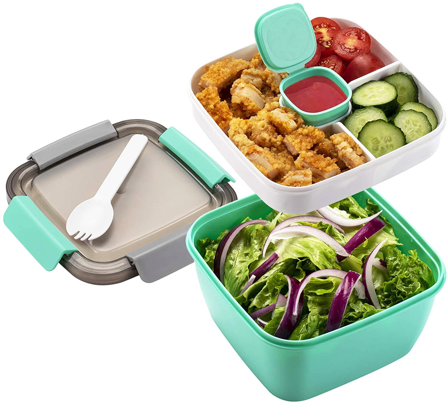 MUJUZE Lunch Box with Divided Compartments, Salad Containers for Lunch, Sustainable, Leak-Proof, Dishwasher Safe,Salad Bowl Lunch Box,Fruit Containers for School, Work, Picnic Travel(Green)