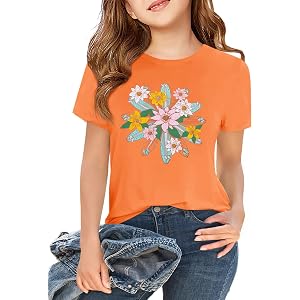 Haloumoning Girls Short Sleeve T-Shirts Kids Cute Graphic Basic Tees Fashion Summer Crewneck Tops 5-14 Years