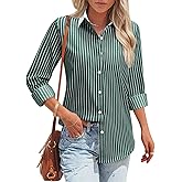 Striped Button Down Shirts for Women Cotton Dress Shirt Long Sleeve Collared Blouse Tops Business Office Attire