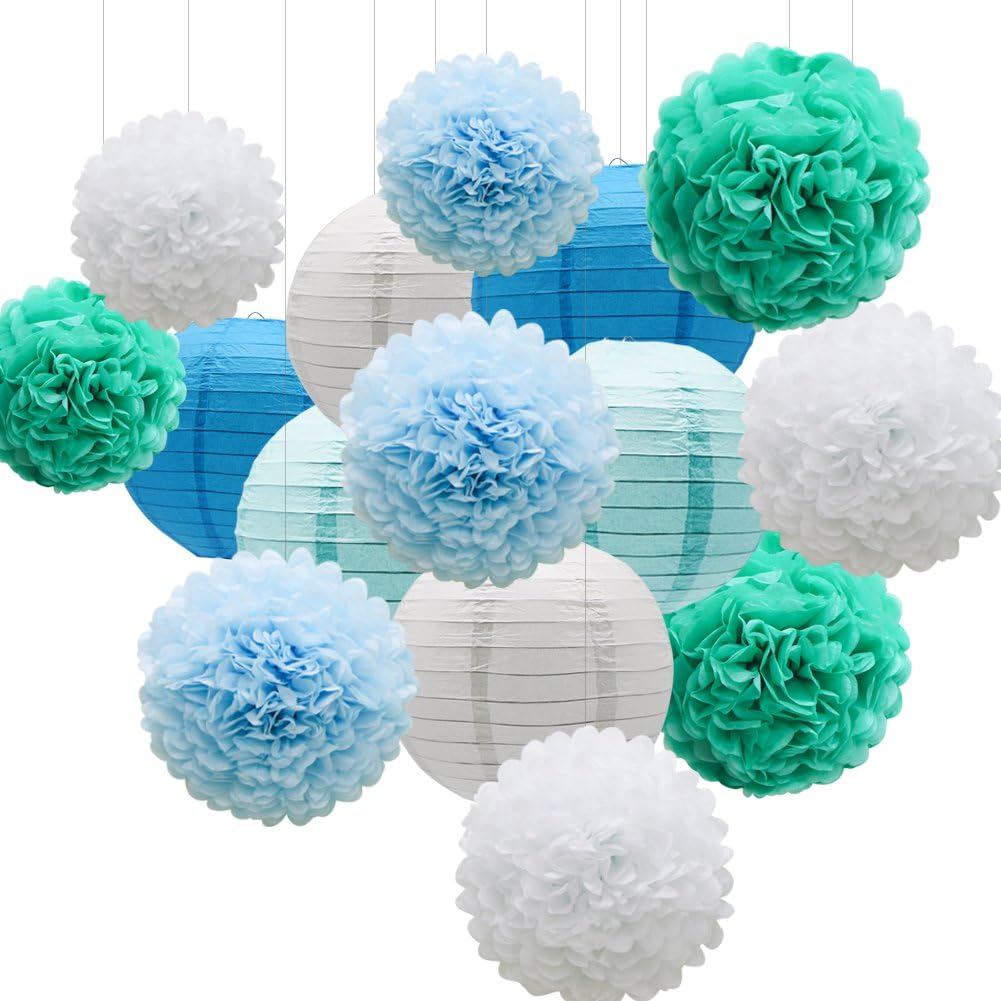 KAXIXI Hanging Party Decorations Set, 15pcs Blue White Paper Flowers Pom Poms Balls and Paper Lanterns for Wedding Birthday Bridal Baby Shower Graduation