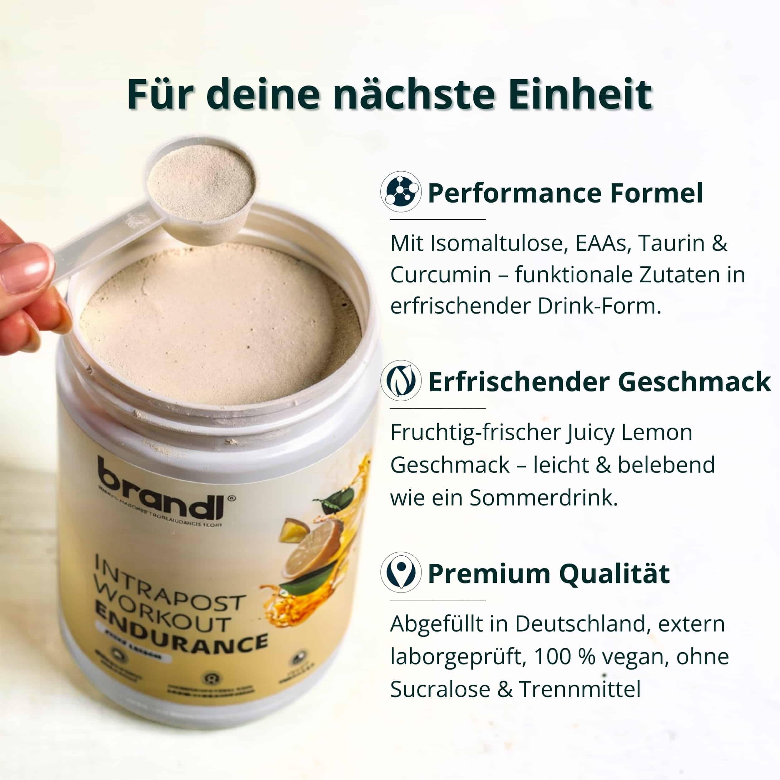Sport all-in-One Ausdauer-Drink Endurance - hochwertige Elektrolyte, Kohlenhydrate, EAAs & Superfoods - Isotonisches Getränkepulver lemon by brandl® - Electrolytes, Eiweiß - 600g Intrapost Workout 2