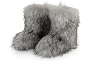 WOVOIE Fur Boots Warm Women's Faux Fur Boot Furry Short Snow Boot Mid-Calf Boots Outdoor Flat Shoes