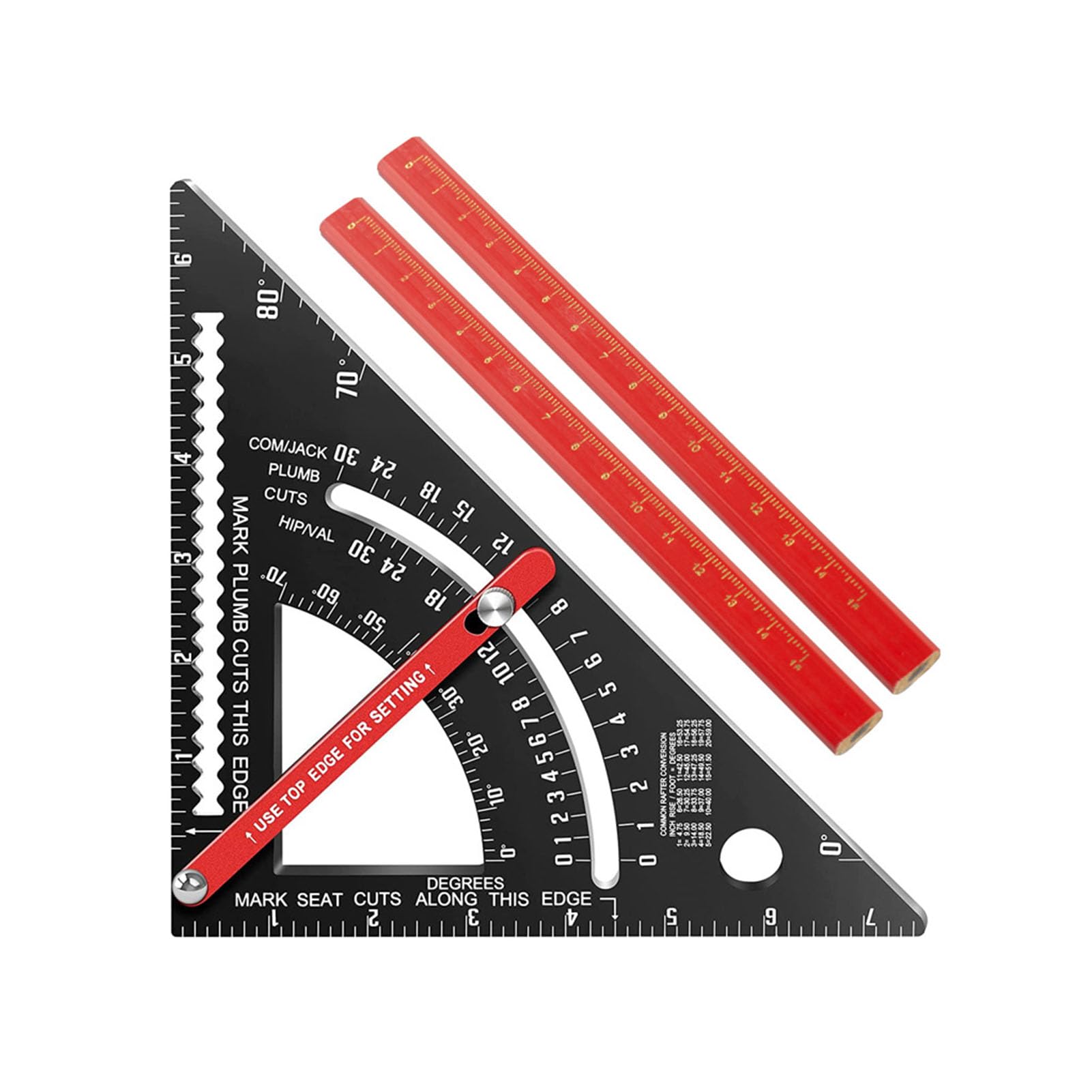 Carpenter Square 7 Inch Rafter Square Combination Tool Set 80¡ã Angle Measuring Adjustable Aluminum Alloy Triangle Ruler with 2 Pencils Clear Scale