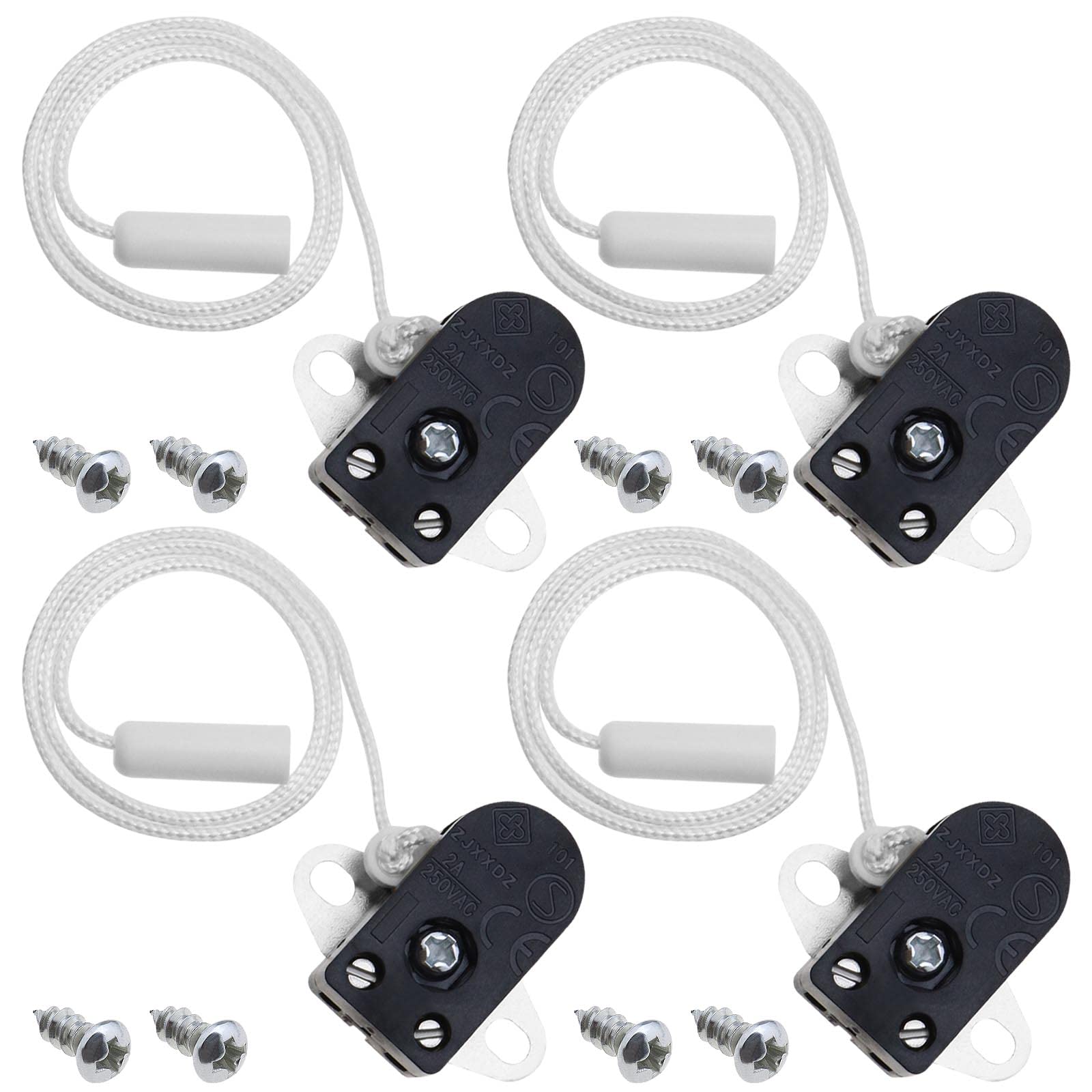 The Lord of the Tools 4 Pieces Pull Chain Switch in Black 2A 250V Side Action Mini Pull Cord Switches in Metal Plastic with 8 Pieces Screws Length 28cm with CE Certification