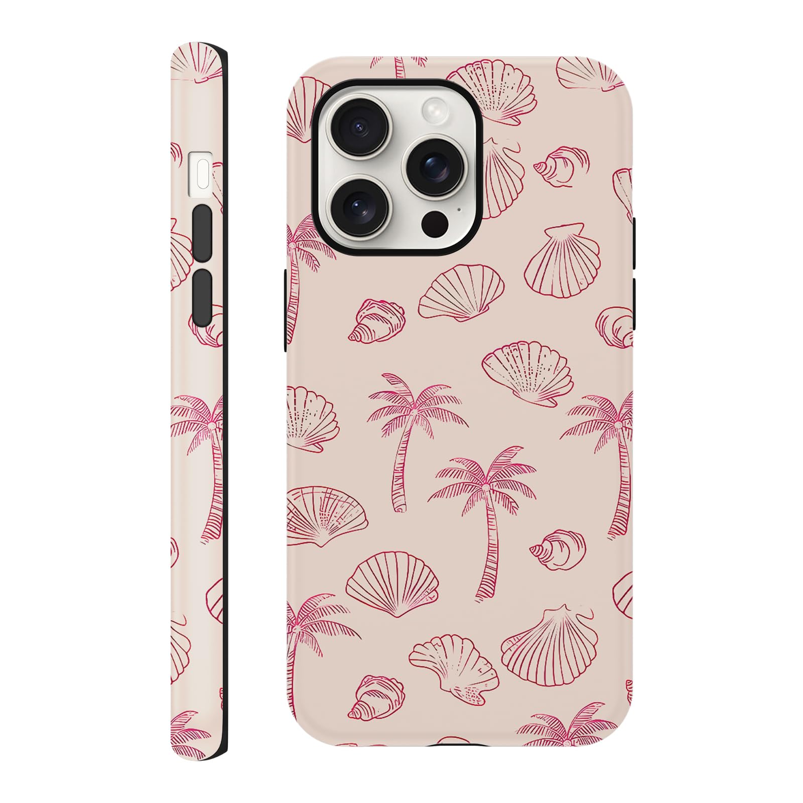 lioscre Cute Summer Seashells Case for iPhone 15 Pro 6.1'', Pink Palm Trees Beach Pattern Print Design Funda Aesthetic Slim Fit Soft TPU Silicone Shockproof Camera Protective Cover for Women Girl