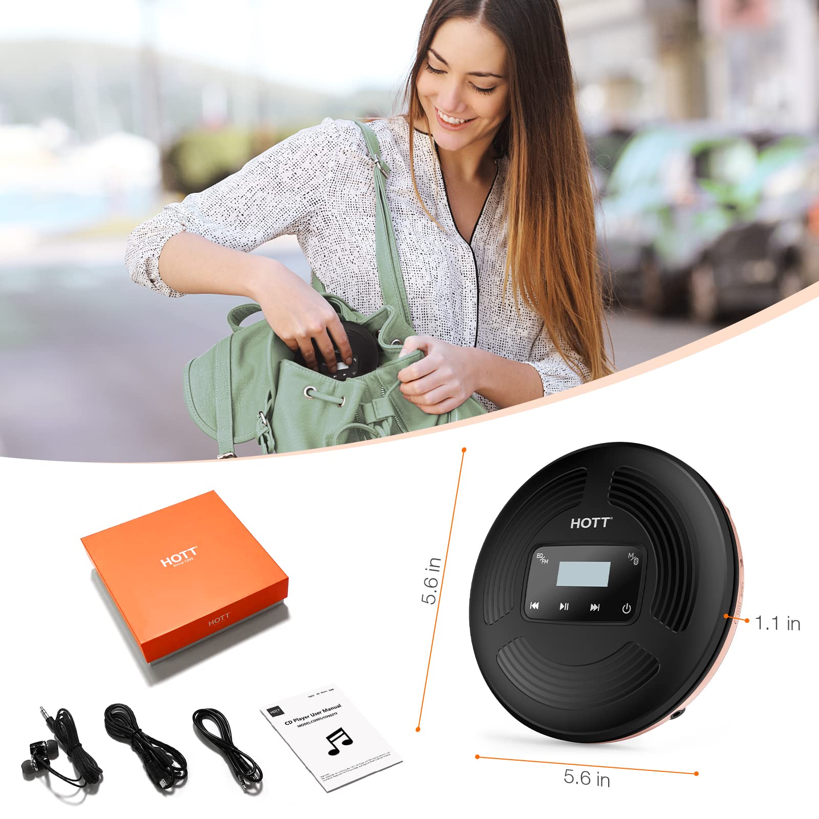 HOTT Portable CD Player with Bluetooth and FM Transmitter with Touch Buttons Backlight,Rechargeable Discman Player with AUX Cable,CD Player Shockproof for Car CD903TF