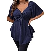 Eytino Womens Plus Size Tops Twist Front V Neck Short Sleeve Eyelet Embroidery Summer Loose Blouse Shirts(1X-5X)
