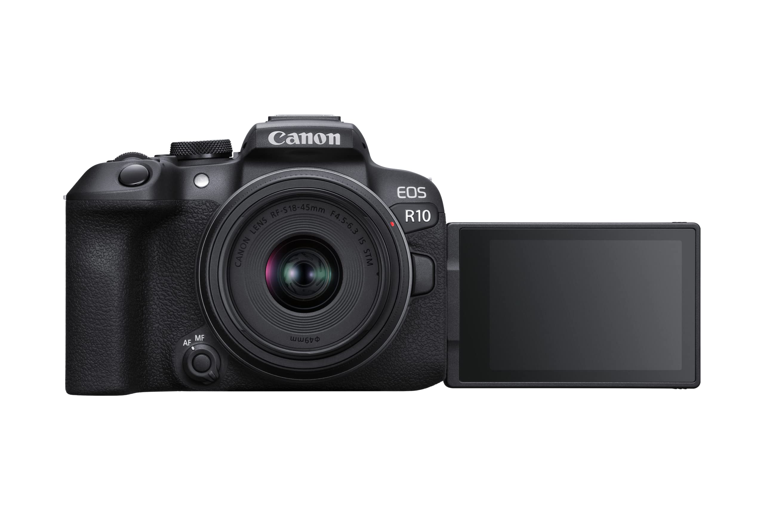 Canon EOS R10 APS-C mirrorless nera + 18-45mm IS STM (24,2 Mp, fino a 23 fps, DIGIC X, video 4K UHD fino 60p, Dual Pixel CMOS Auto Focus II, Display touchscreen orientabile da 7,5 cm, Wi-Fi, BT)