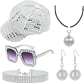 WETEPUXI 5PCS 70s 80s Disco Costume Accessories Set Includes Sequin Hat Earrings Necklace Sunglasses for Women Dress Up
