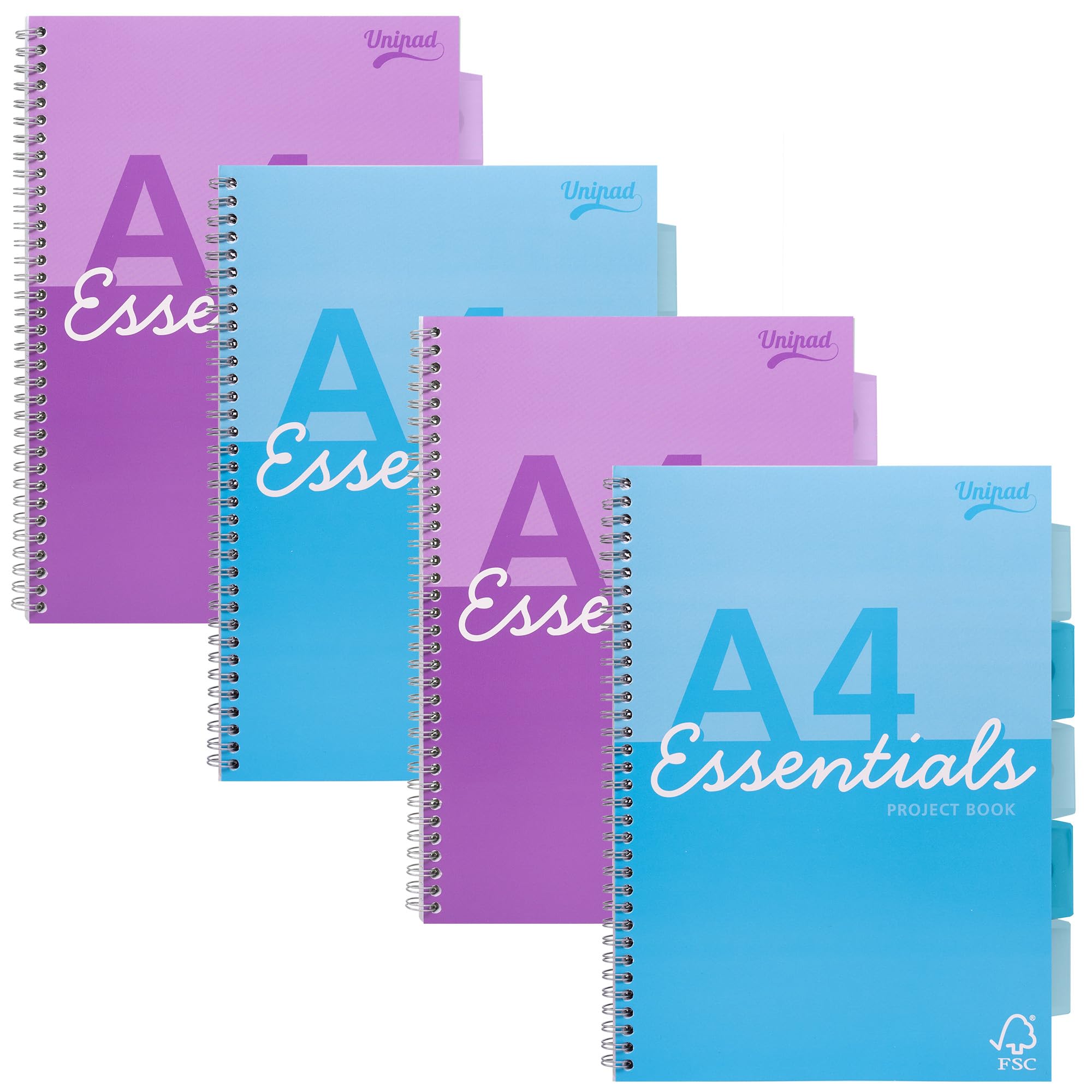 Pukka Pad Essentials A4 Project Book – Pack of 4 Assorted Blue & Purple Notebooks with 200 Pages, 100 Sheets of 60GSM Lined FSC Paper, Perforation, & 5 Repositionable Dividers – Side Twin Wire Binding