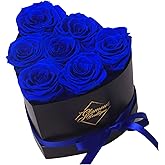 GLAMOUR BOUTIQUE 7 Flower Forever Heart Shape Box, Eternal Preserved Roses Gift for Her, Lasting Flowers, Petite Floral Heart Box for Birthday, Anniversary or Valentine’s Day, Blue (Color-Treated)