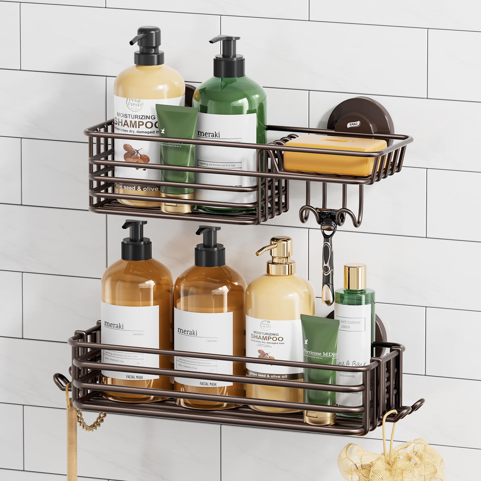 Photo 1 of TAILI Shower Caddy Suction Cup 2 Pack with Hooks & Soap Holder, Heavy Duty Shower Organizer for Bathroom, No Drilling Bathroom Organizer with Large Capacity, Metal Storage Basket-Brown