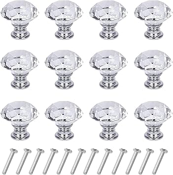Yourgift 12 Pack Drawer Knobs Diamond Shaped Crystal Glass 30mm
