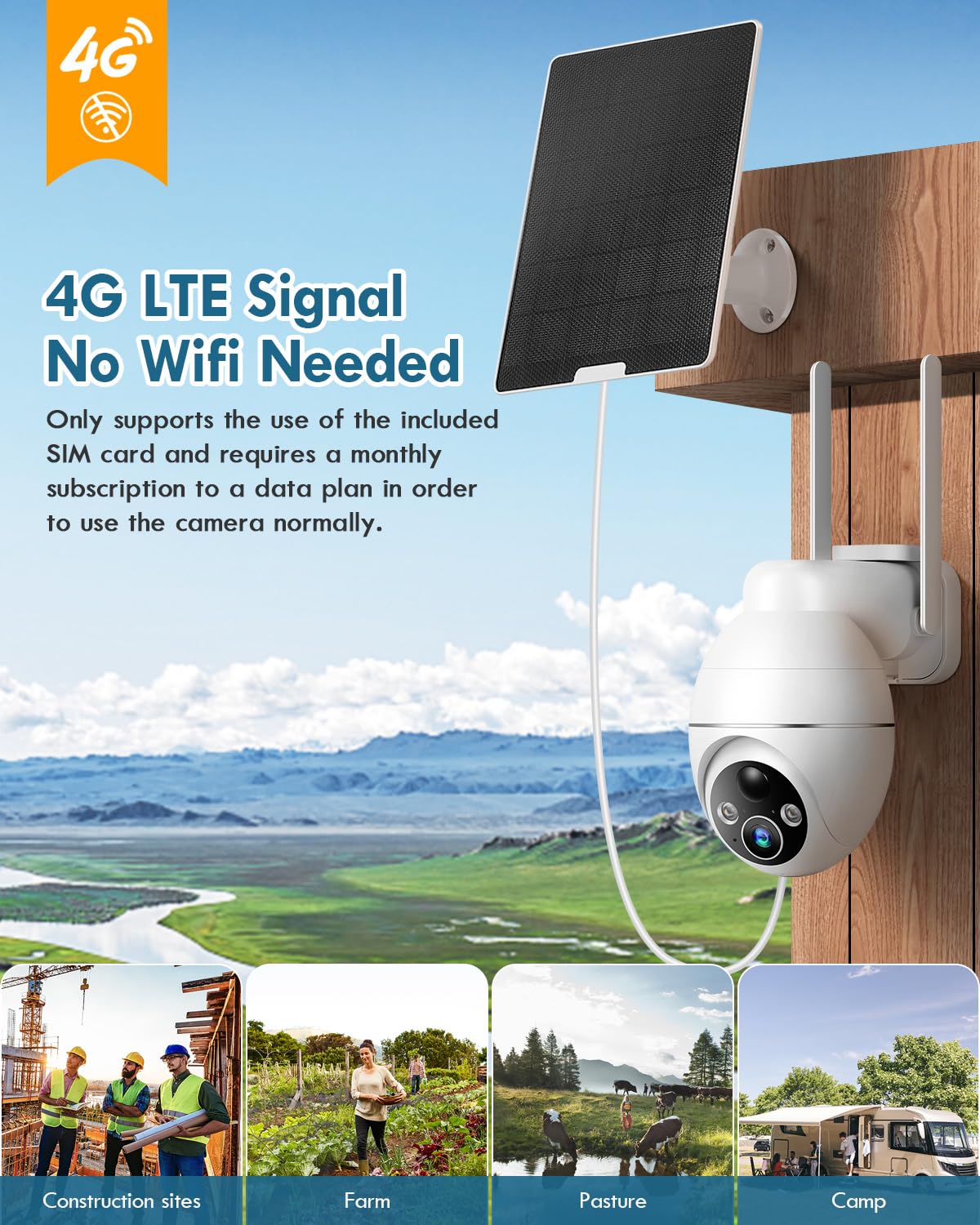 4G LTE Cellular Security Camera Wireless Outdoor, 2K No WiFi Solar Powered Camera Built-in SIM Card, 2-Way Talk Cameras for Home Security with PIR Motion Detection, IP66, Night Vision, Spotlights