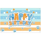 Dog Happy Birthday Backdrop, 5.9x3.6ft Polyester Poster Dog Paw Background Girl Birthday Blue Banner Party Backdrop for Cartoon Theme Party Decoration