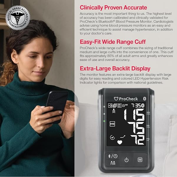 PROCHECK BLUETOOTH UPPER ARM BLOOD PRESSURE MONITOR FOR 2 USERS, WIDE RANGE CUFF FITS MOST, (STORES 198 TOTAL RESULTS), CONNECTS TO HEALTH APP FOR IOS AND ANDROID