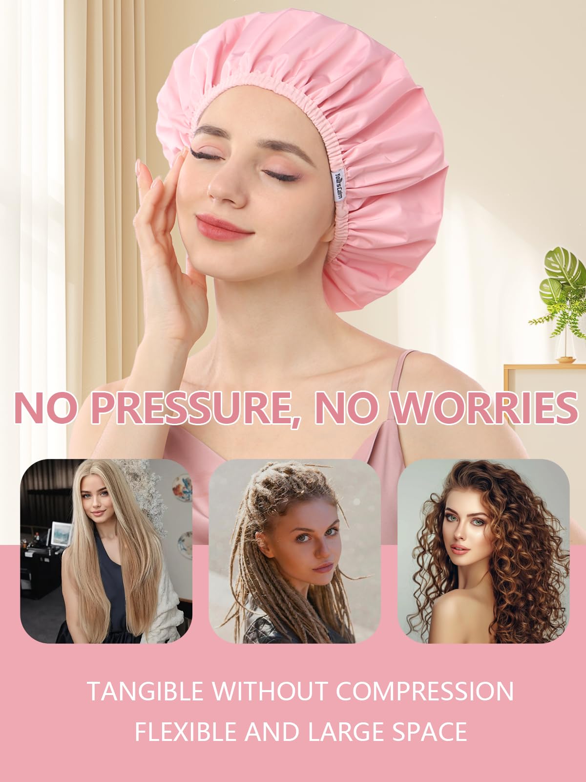 Years Calm Shower Caps For Women Reusable Waterproof，Pattern And Solid Color Dual-Layer Design For Dual-Layer Usable，Protects Hair In Shower, Spa, Cooking, Clean & Travel (Pink, One Size)