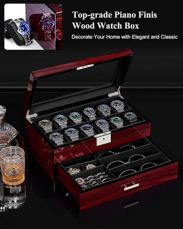 Caja de Relojes con 12 Ranuras, Joyero Hombre con Tapa de Cristal