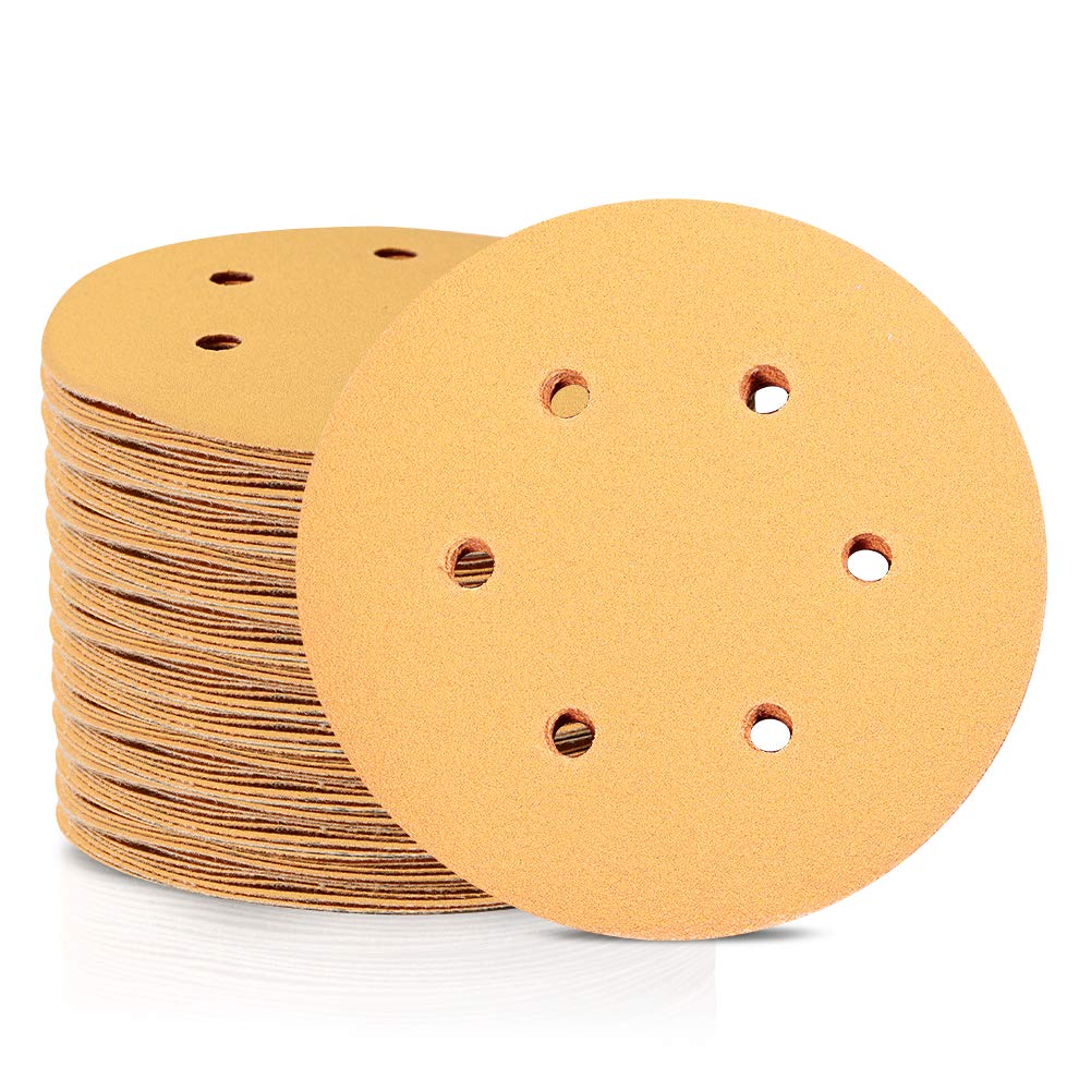 SPEEDWOX 100 Pcs 6 Inches Hook and Loop 6 Hole Sanding Discs 240 Grit Dustless Sandpaper Assortment Fit for Random Orbital Sander Yellow Finishing Discs for Automotive Woodworking