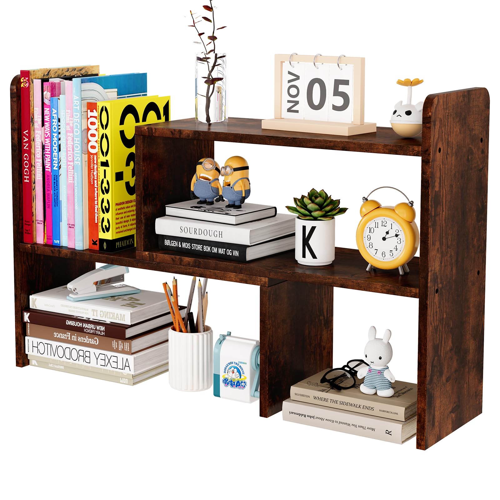 EasyPAG Wood Desk Shelves Adjustable Desktop Bookshelf Freestanding Home and Office Supplies Storage Display Shelf Desk Tidy Organiser,Brown