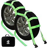 Tow Dolly Basket Straps with Flat Hook, 2 Pack Tow Dolly Strap Bonnet Net Fits 14"-19" Tires Wheels, 10,000 lbs Breaking Strength Heavy Duty Car Dolly Strap System, Waterproof Carrying Bag (Green)
