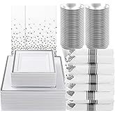 Goodluck 352 Piece Silver Dinnerware Set for 50 Guests, Square Plastic Plates with Silver Trim, Include: 100 Plastic Plates, 50 Rolled Napkins, 50 Cups, 50 Cutlery Set and 2 Tablecloth