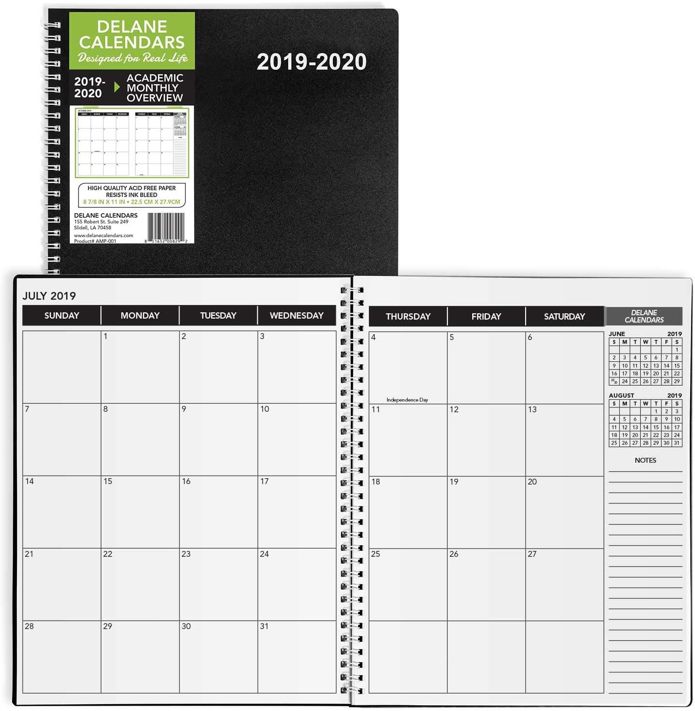 2019-2020 Delane Annual Planner-18 Month Academic Monthly Schedule–Spiral Bound Appointment Book –Schedule Your School or Work Day–Student/Teacher Agenda with Premium Paper,8.5 x 11”,Slate Black