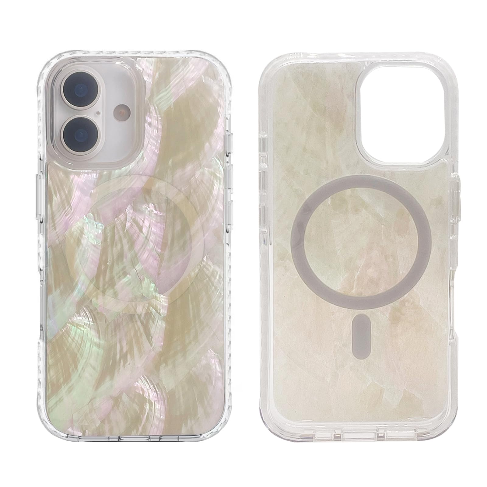 Sesty Magnetic Case for iPhone 16 6.1 inch Compatible with MagSafe Charging Bling Shiny Real Seashell Pattern Protective Cute Cover (Beige Mother of Pearl)