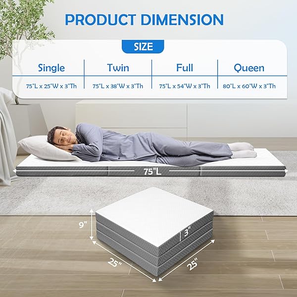 TRIFOLD MATTRESS, TWIN SIZE, 3 INCH, TRI-FOLDING FLOOR BED WASHABLE, PORTABLE FOLDABLE MATTRESS WHOLE SPONGE, CAMPING, FOLD UP GUEST BED, RV TRAVEL, SLEEPOVERS, 75″×38″