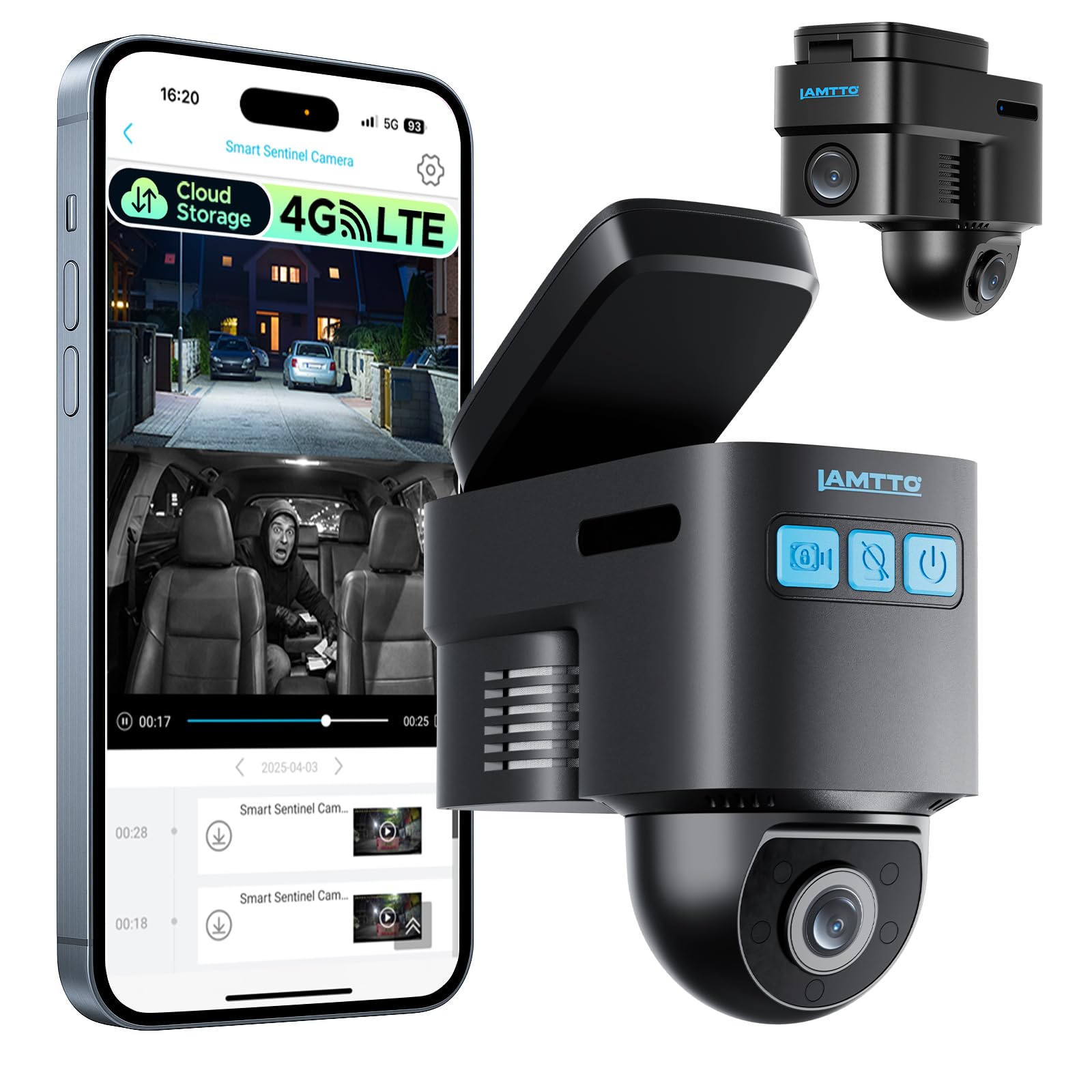 LAMTTO 4G LTE Dashcam Auto Sicherheitskamera für Diebstahl, GPS Tracker für Sicheres Fahren, Fern-Live-Ansicht Auto Überwachungskamera mit APP Alarmen & Cloud, Parküberwachung für Flotten & Familien