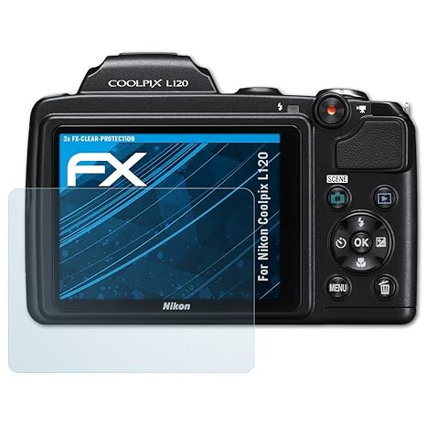 atFoliX Schutzfolie kompatibel mit Nikon Coolpix L120 Folie, ultraklare FX Displayschutzfolie (3X)
