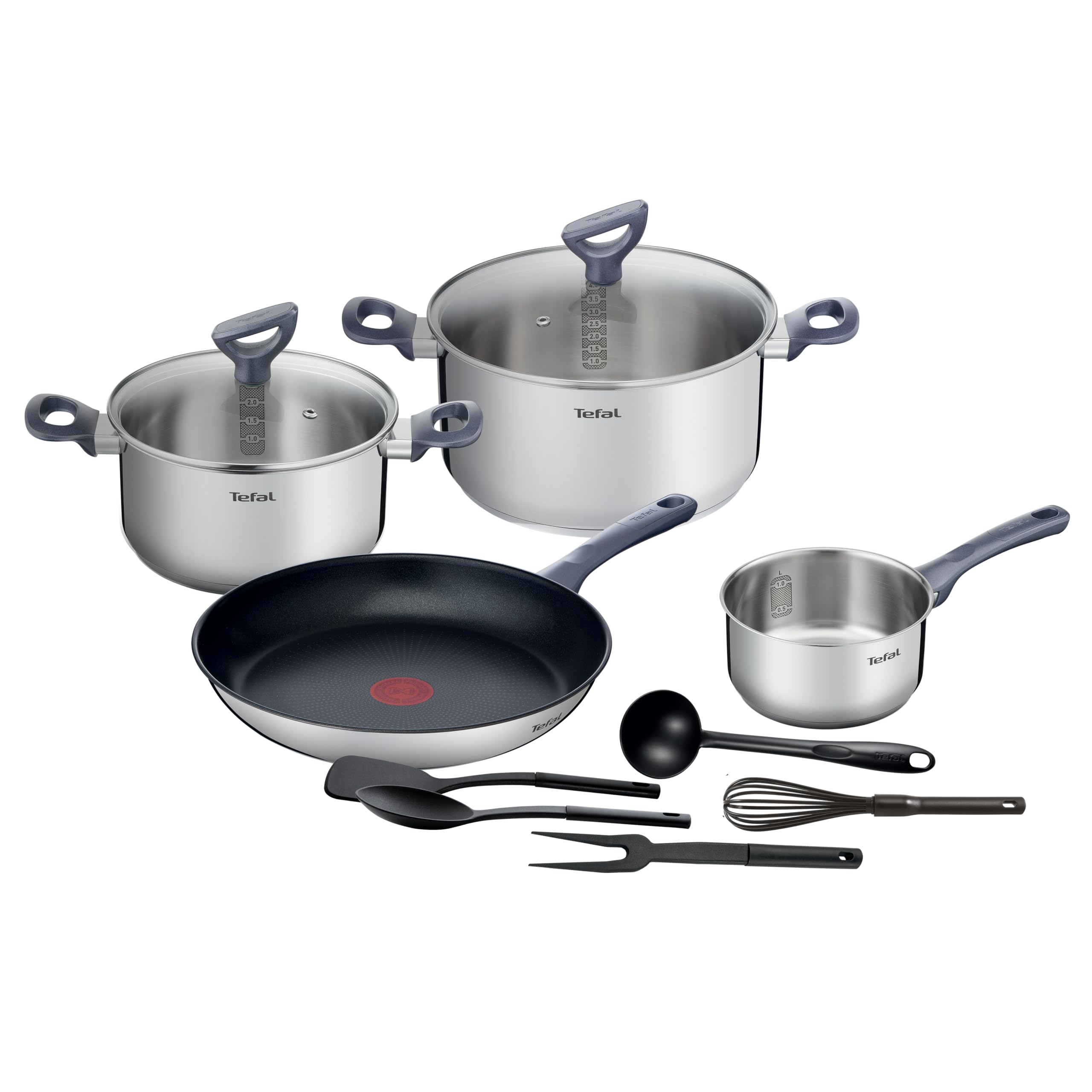 Tefal Daily Cook Cookware Set with Frying Pan 28 cm, Pots 20/24 cm and Saucepan 16 cm Stainless Steel, Thermospot Technology, Glass Lids, 5 Kitchen Accessories, Suitable for All Hobs and Ovens
