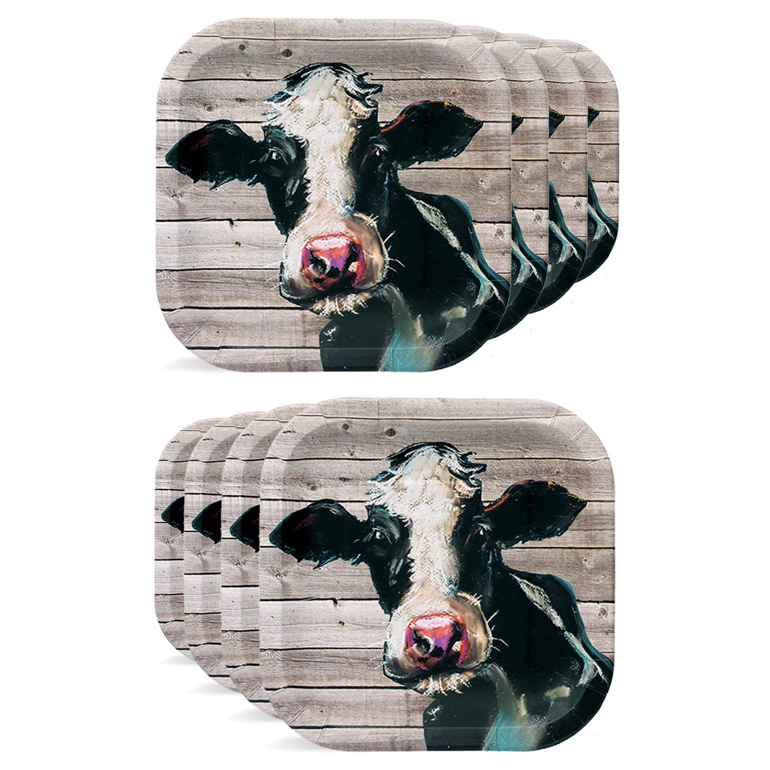 HAVERCAMP Cow Party Plates – Barnwood Party Plates Set with Cow for Camping, Family Picnics, Birthday Parties & Outdoor Party Supplies – 8 Paper Plates Pack 9” Square