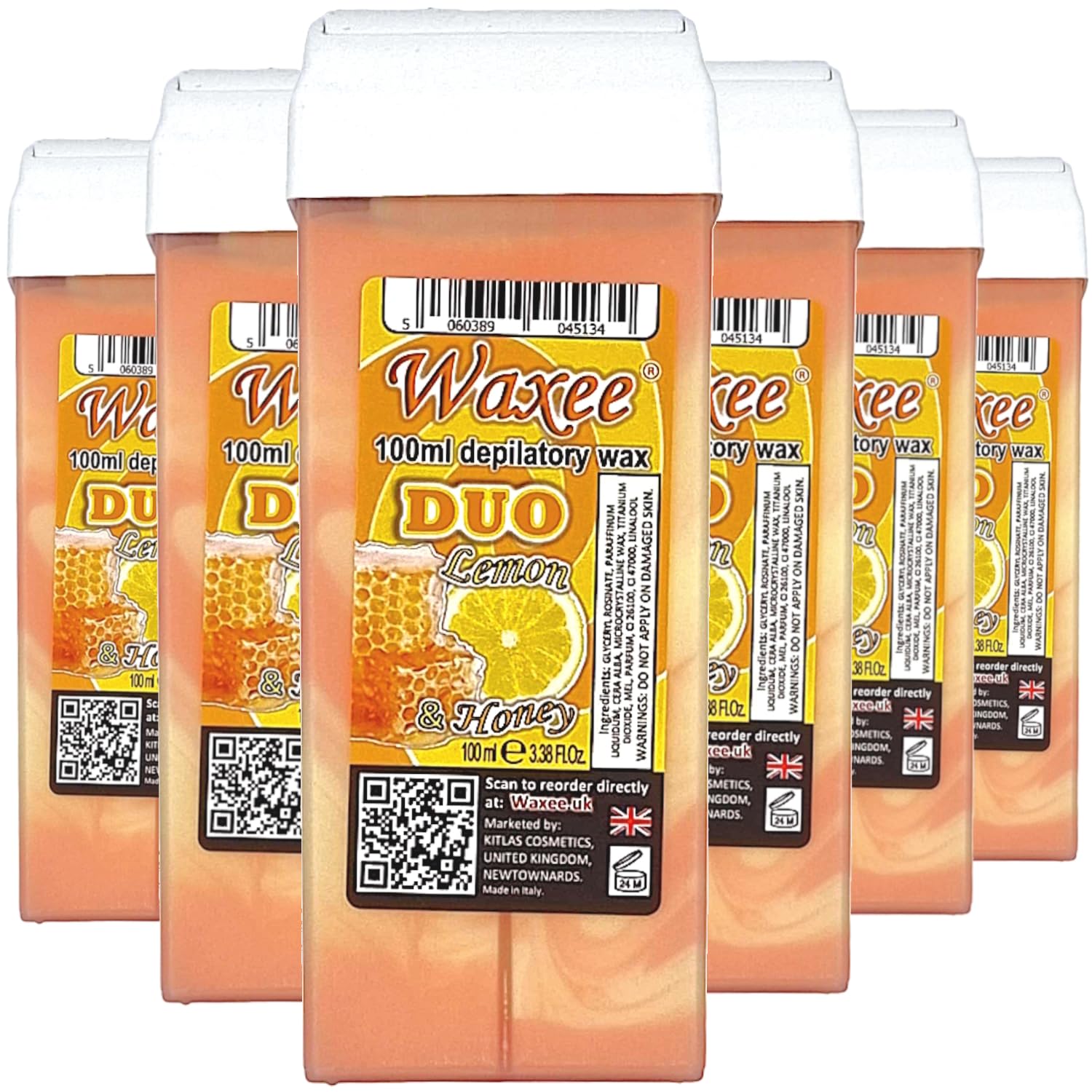 Roll on wax roller wax cartridge 100ml, 6pcs Waxee DUO wax refill (Lemon & Honey)