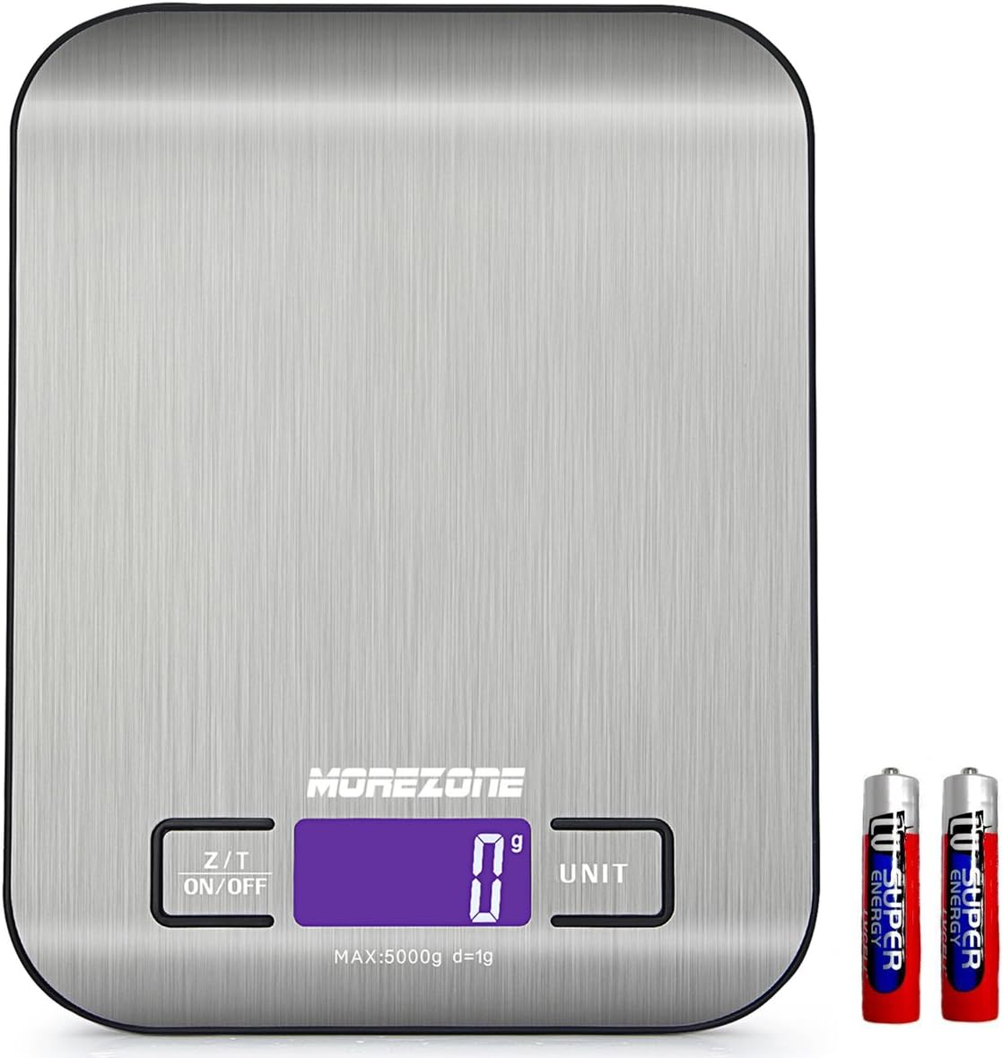 Food Scale, MOREZONE Digital Precision Gram Pocket Scale 5kg 0.05oz/1g 6 Units Tare&Auto Off LED Display Portable 304 Stainless Steel Finish for Postal Kitchen Office Weight