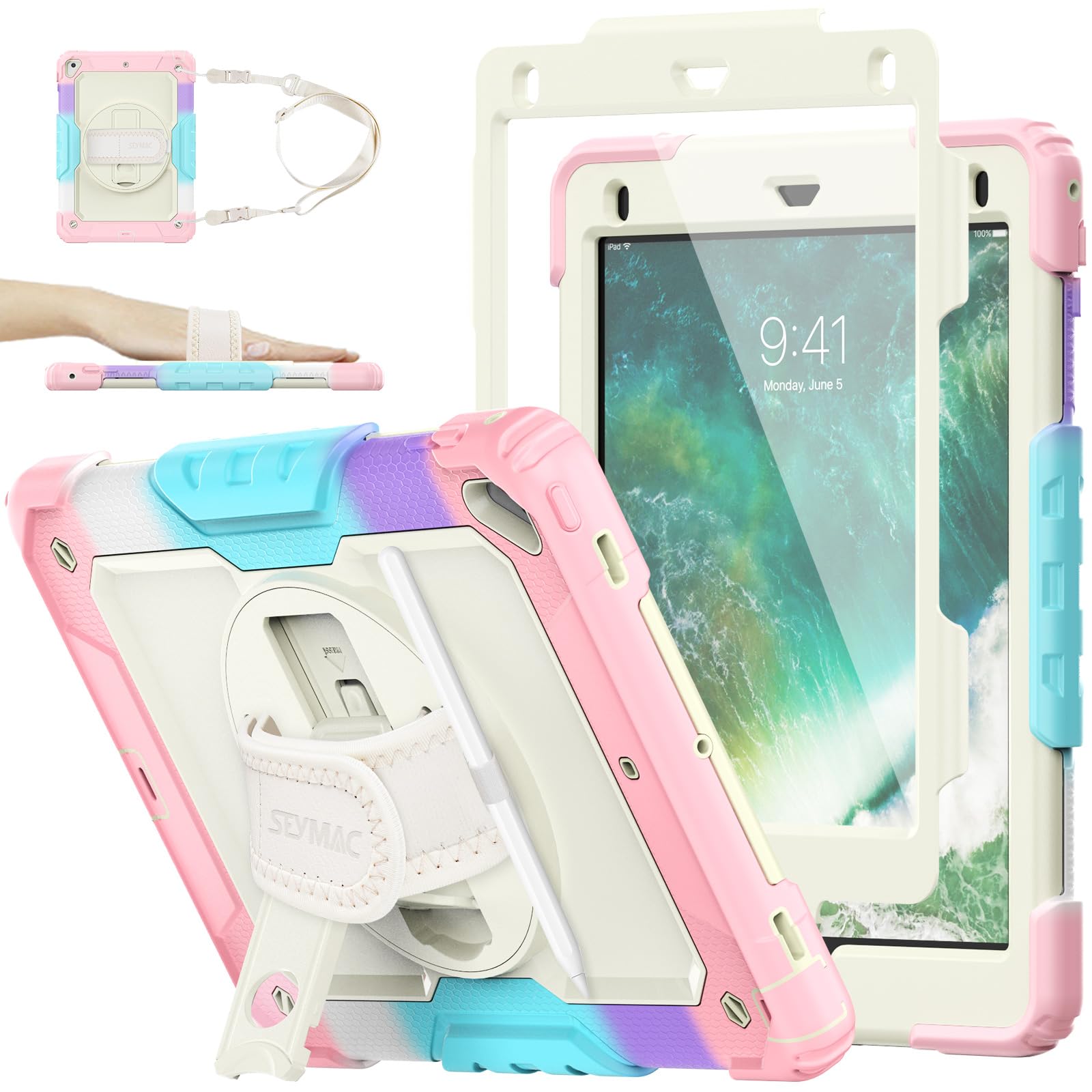 SEYMAC stock Case for iPad 6th/5th Generation/Air 2 / Pro 9.7 inch, Heavy Duty Shockproof Cover with Screen Protector, 360° Rotating Stand/Hand Strap & Pencil Holder for iPad 9.7 Case, Camo+Pink