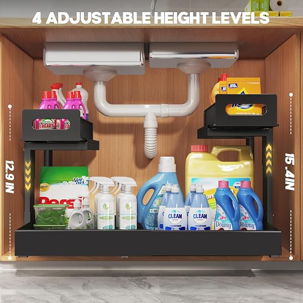 1 PACK EXPANDABLE UNDER SINK ORGANIZERS AND STORAGE WITH UPGRADE BALL-BEARING SLIDE TRACKS,2-TIER PULL OUT UNDER CABINET ORGANIZER HEIGHT ADJUSTABLE,SLIDE OUT UNDER SINK DRAWERS-BLACK(PATENT PENDING)