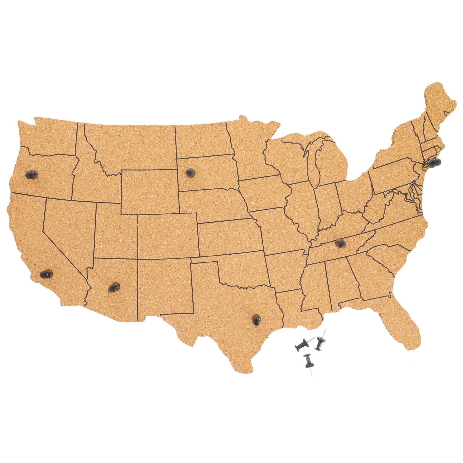 Photo 1 of Juvale US Map Cork Board & Pin Board - 16 x 10 x 0.3 in Natural Cork - 10 Black Push Pins to Mark States Visited - Wall Decor for Home & Office
