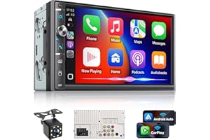 Kissound Double Din Car Stereo with 7" HD Touchscreen, Wireless Apple Carplay & Android Auto, Bluetooth, 240W, SWC, Subwoofer Output, Mirror Link, FM/AM Car Radio Receiver, Backup Camera