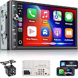 Kissound Double Din Car Stereo with 7" HD Touchscreen, Wireless Apple Carplay & Android Auto, Bluetooth, 240W, SWC, Subwoofer Output, Mirror Link, FM/AM Car Radio Receiver, Backup Camera